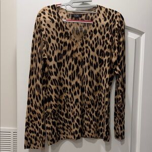 Lord & Taylor Leopard Print V-Neck Long Sleeve Top Extra Fine Merino Wool